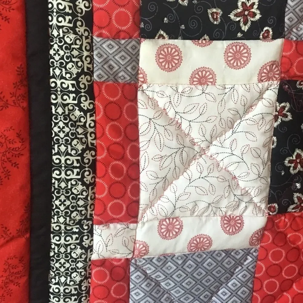 NWT Hand Crafted Red/Black/Grey/White Quilt